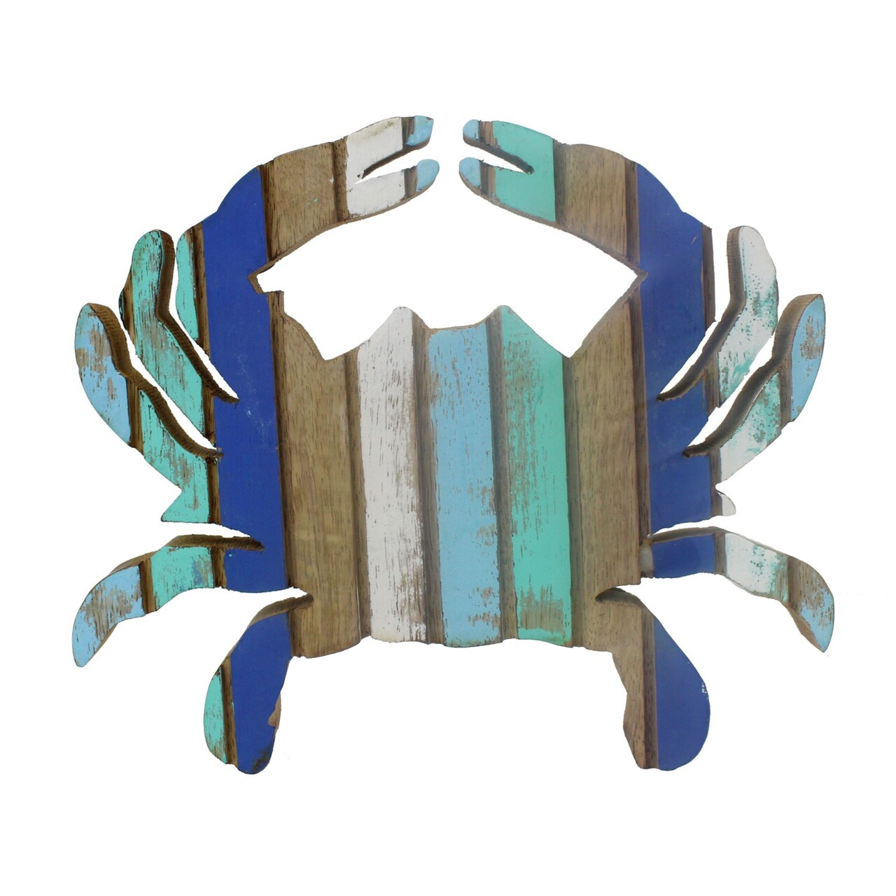 7" Wood Crab Blue Stripe Figure Coastal Beach House Decor Decoration